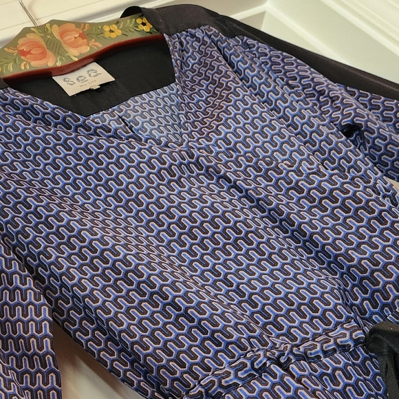 SEA New York SILK Cross Over Neck Tie Drawstring Waist LS Blue Black Dress EUC 6 - Picture 15 of 16